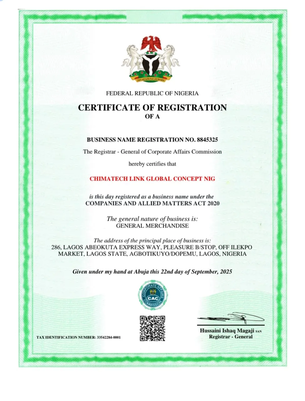 Business Registration Certificate